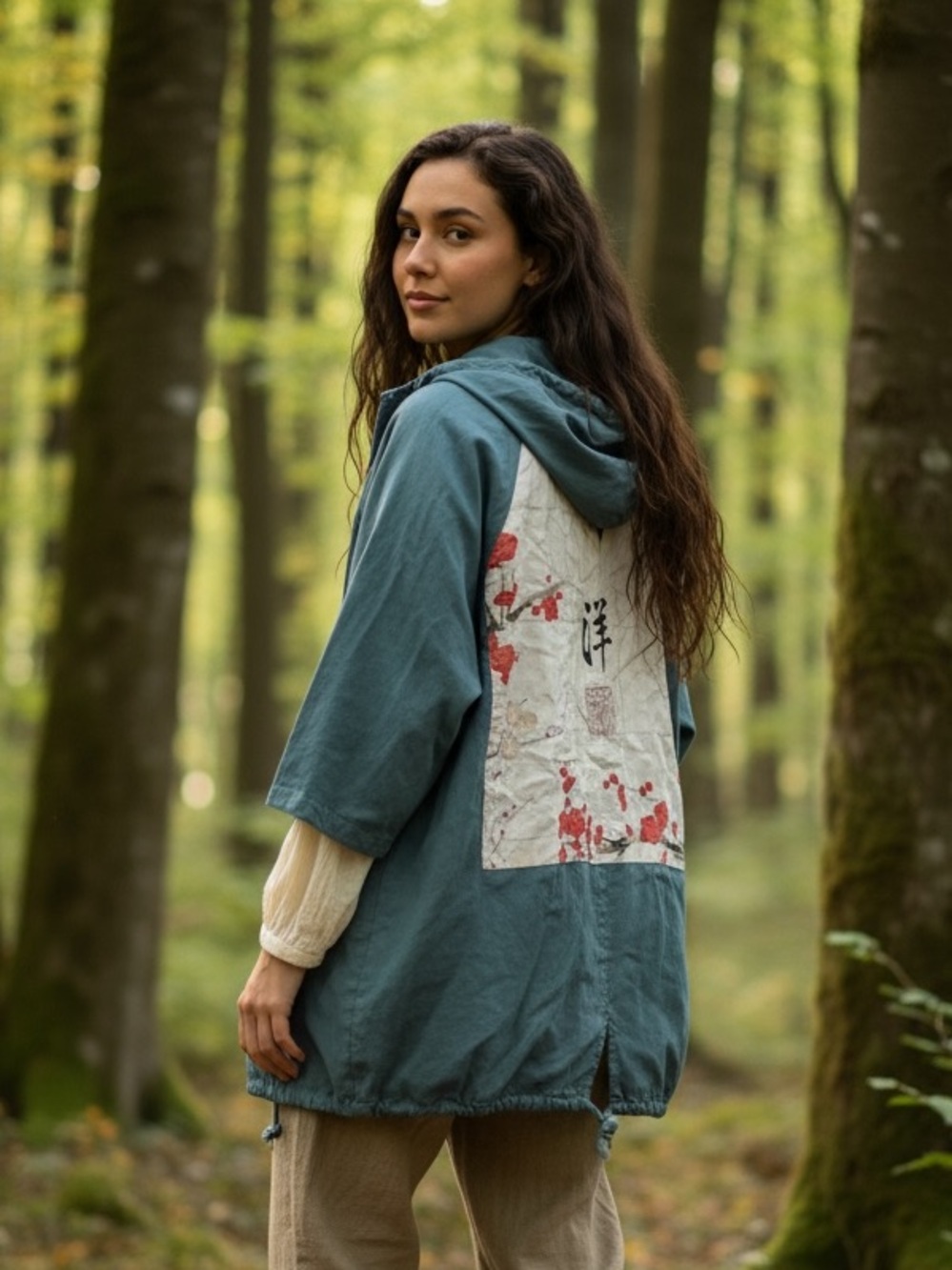 🌸Vintage Asian-Inspired Hooded Jacket, Teal w/ Cherry Blossom Print, OS, EUC 🌸